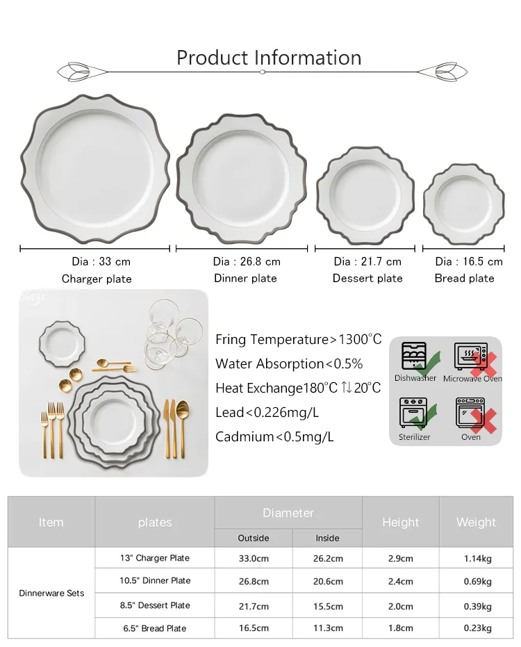 Ohere 13-Inch White Ceramic Charger Sliver Rim Porcelain Charger Plate for Wedding&Party&Festival