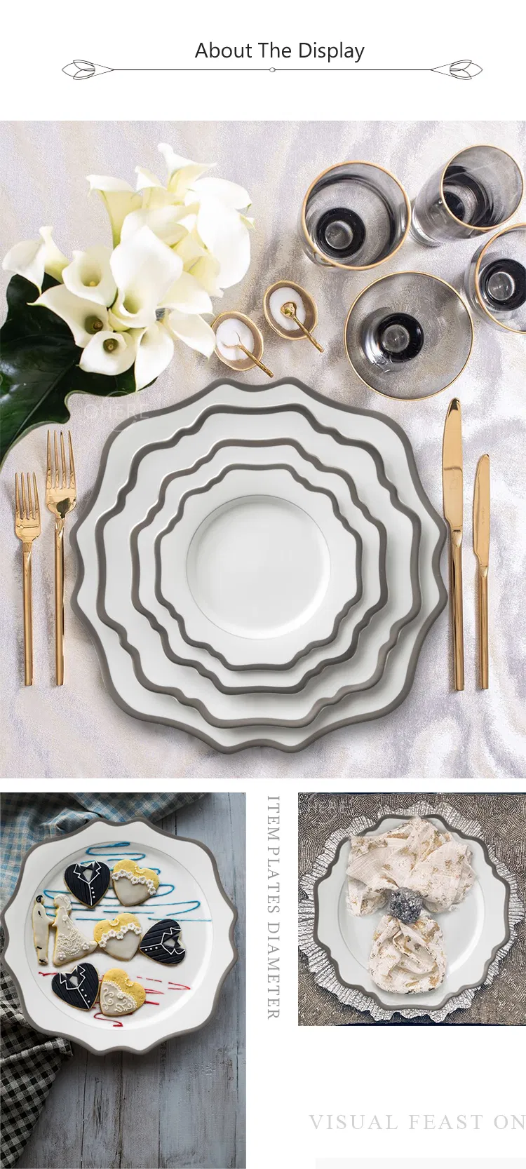 Ohere 13-Inch White Ceramic Charger Sliver Rim Porcelain Charger Plate for Wedding&Party&Festival