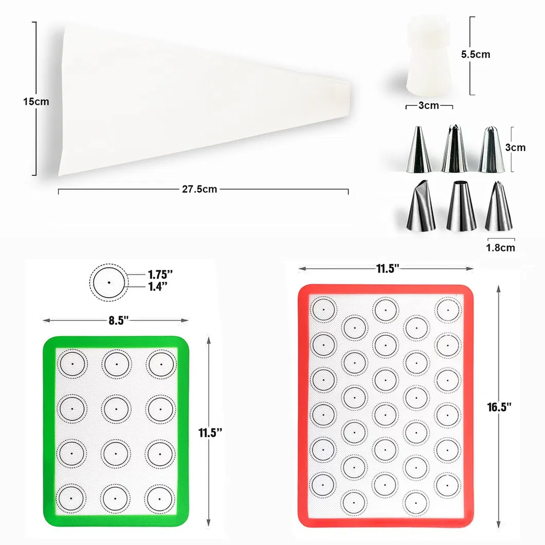 Pack of 2 Food-Grade Silicone Half Sheet Baking Mats,Reusable Non Stick Baking Mats BPA Free for Oven&Toaster,Macaron Piping Bags and Tips,Baking Tools 11PC/Set