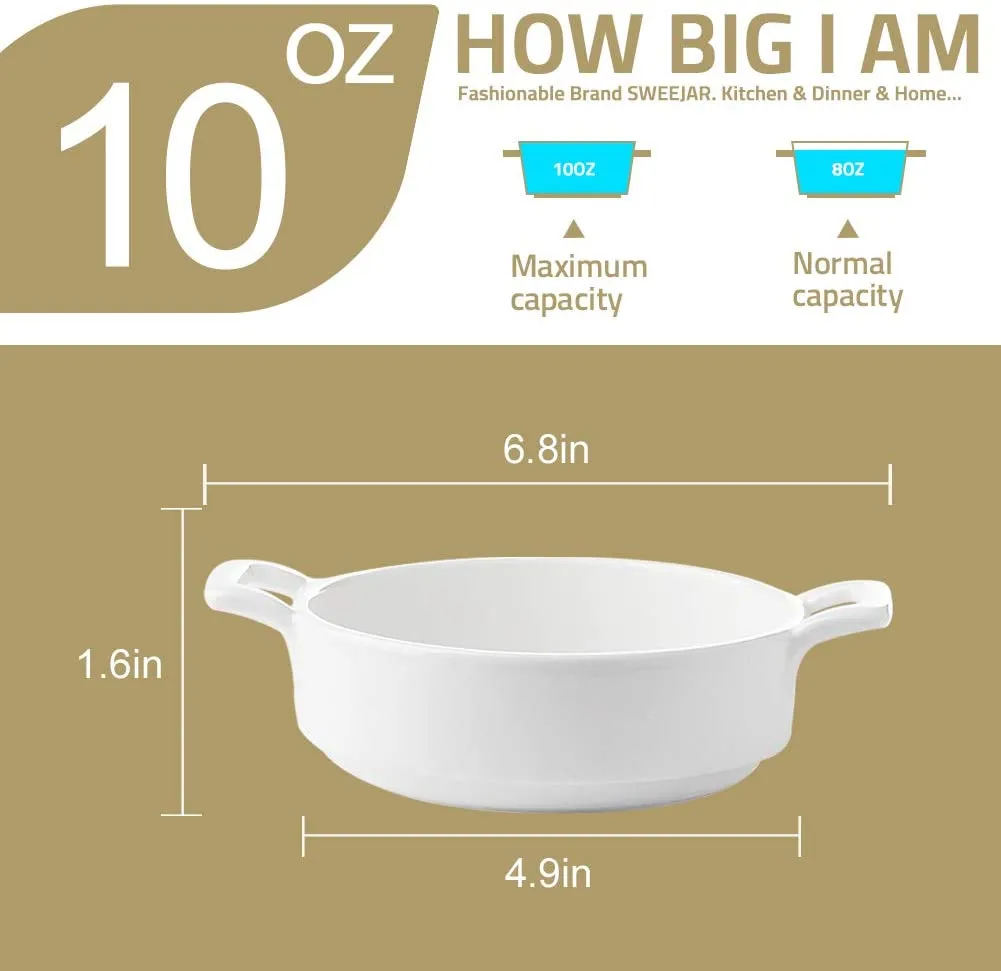 Porcelain 10 Ounce Ramekins, Round Double Handle Souffle Dishes for Baking, Creme Brulee, Ice Cream, Pudding