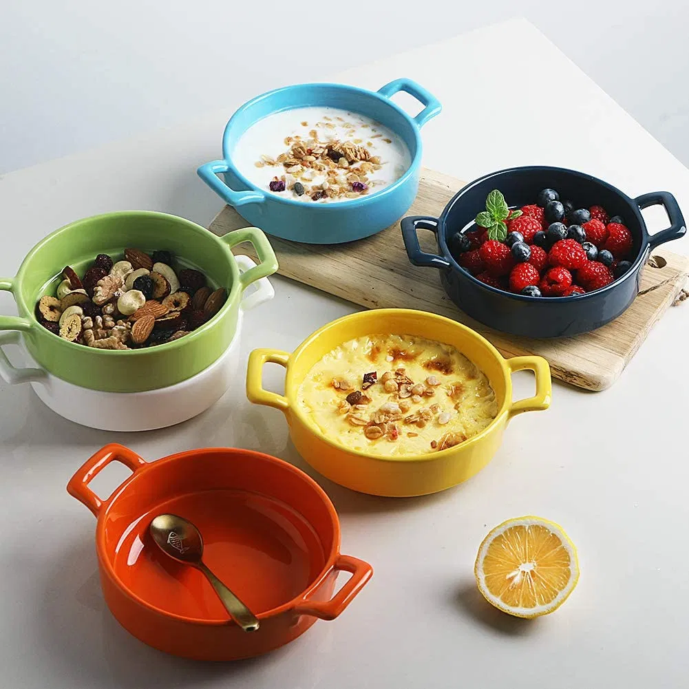 Porcelain 10 Ounce Ramekins, Round Double Handle Souffle Dishes for Baking, Creme Brulee, Ice Cream, Pudding