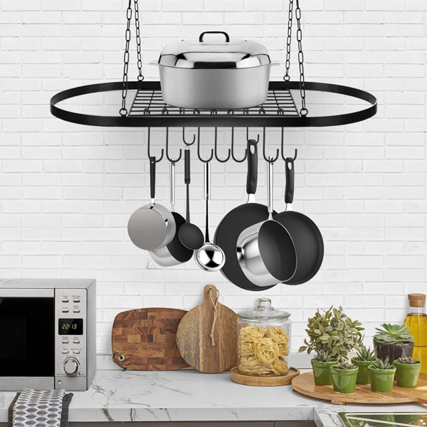Pot Rack Ceiling Mount Cookware Hanger Organizer with Hooks