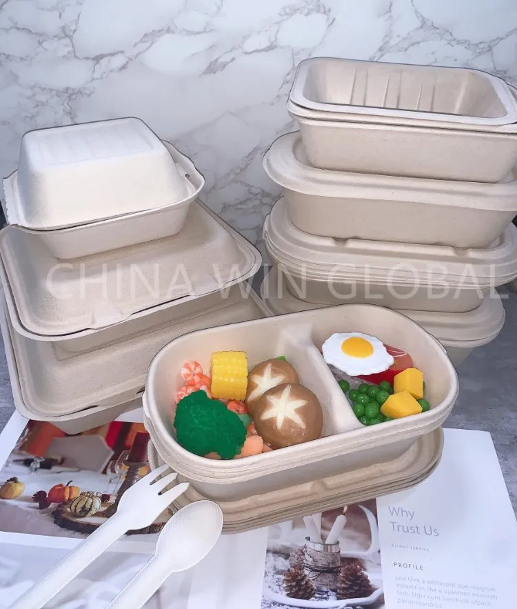 Qualified Sugarcane Tableware Compartment Take Away Food Box 850ml 2cp