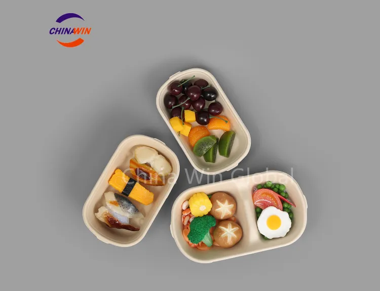 Qualified Sugarcane Tableware Compartment Take Away Food Box 850ml 2cp