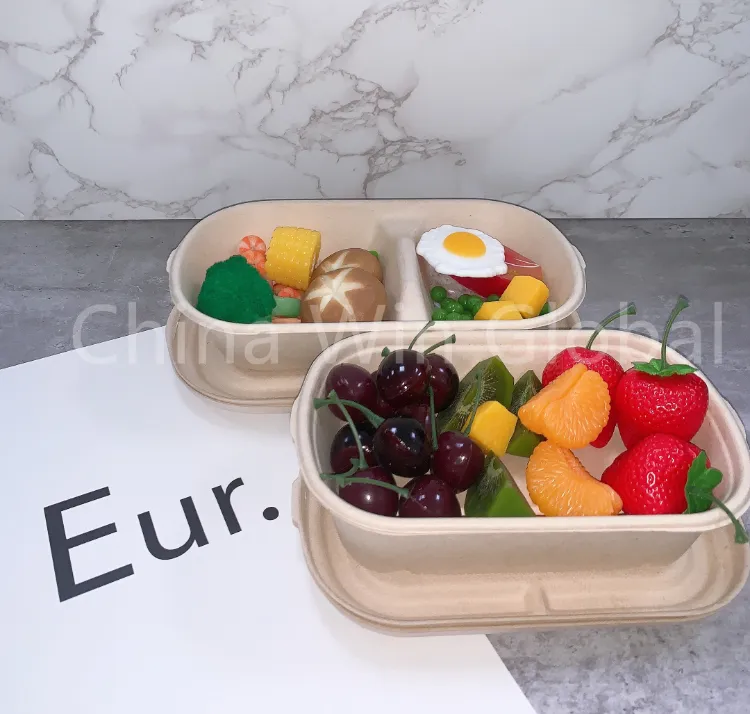 Qualified Sugarcane Tableware Compartment Take Away Food Box 850ml 2cp