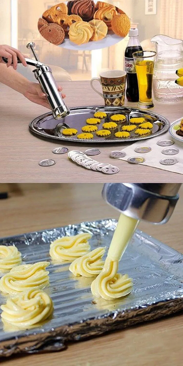 Stainless Steel Biscuit Press Cookie Gun Set with 20 Discs and 4 Icing Tips Metal Cookie Press Cake Decorating Gun Biscuit Maker