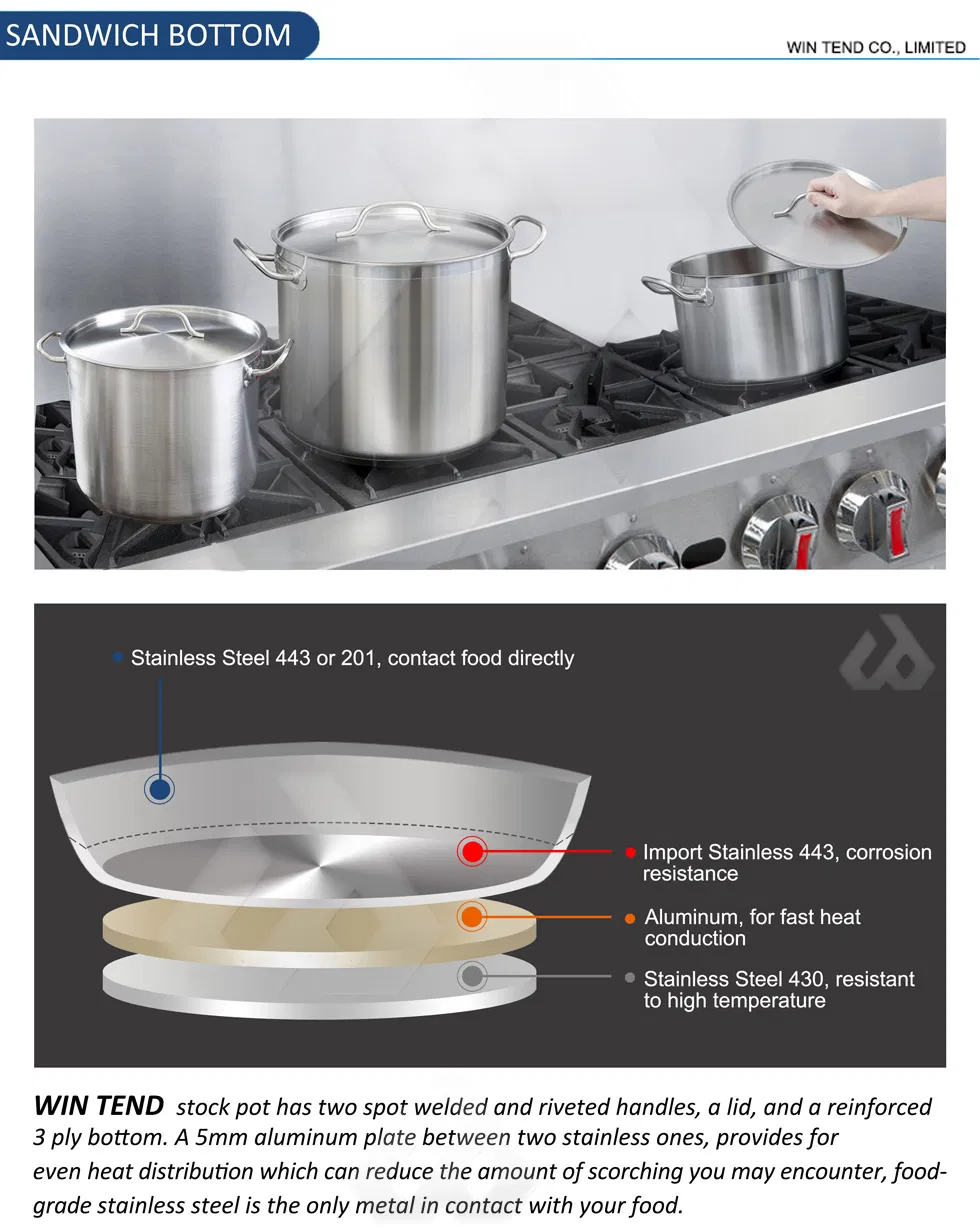 Stainless Steel Cookware Cooking Food Stockpot Steamer Induction Stock Pot with Sand Sandwich Bottom