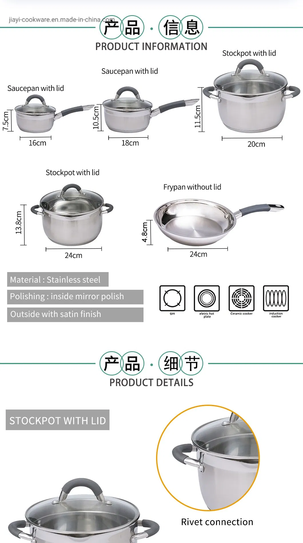 Visible Flat Glass Lids Stainless Steel Pot SUS304 Cookware Sets Food Casserole Camping Pot Cookware
