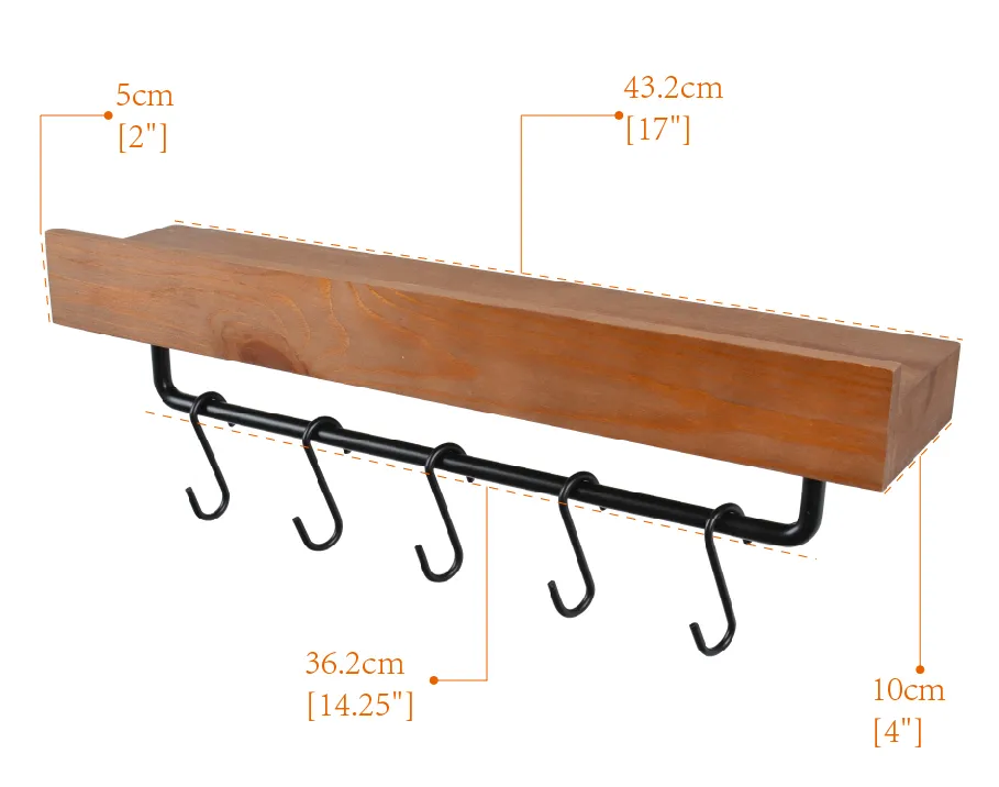 Wall Mounted Bedroom Floating Ledge Shelf 17 Inch with 5 Hooks