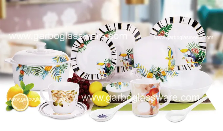 Wholesale Home Hotel Use OEM White Opal Glass Dinnerware Set with Customized Decal Designs