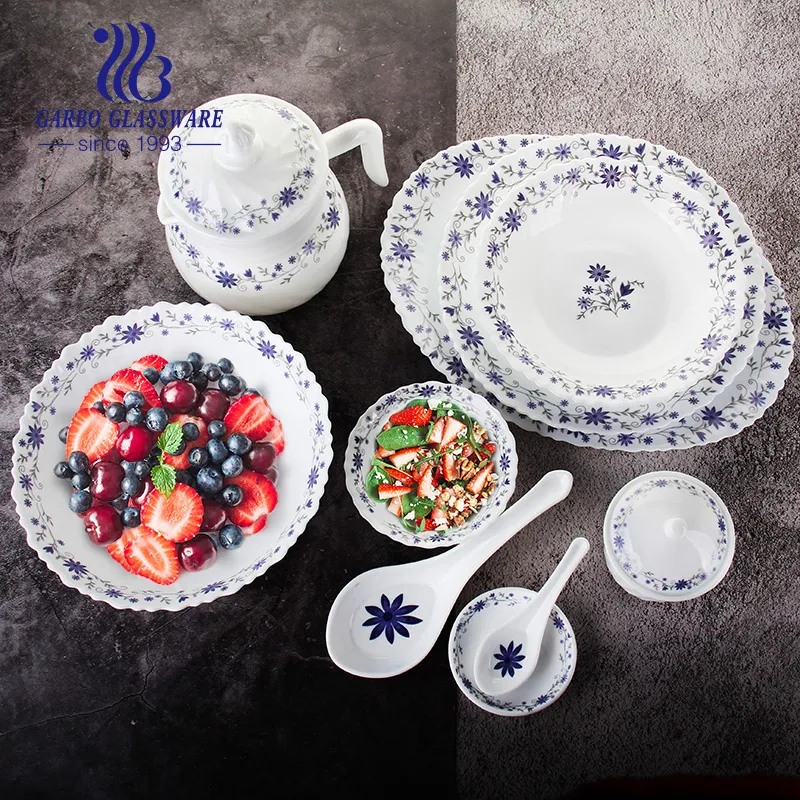 Wholesale Home Hotel Use OEM White Opal Glass Dinnerware Set with Customized Decal Designs
