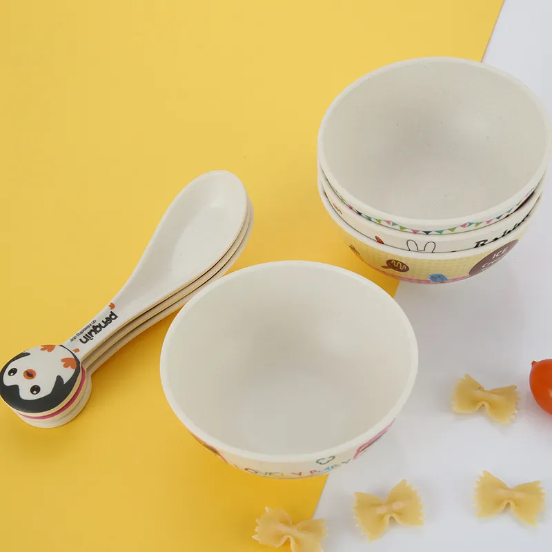 Wholesale Retail Kids Dinner Plate Spoon Lunch Bamboo Fiber Tableware Suit Kindergarten Home