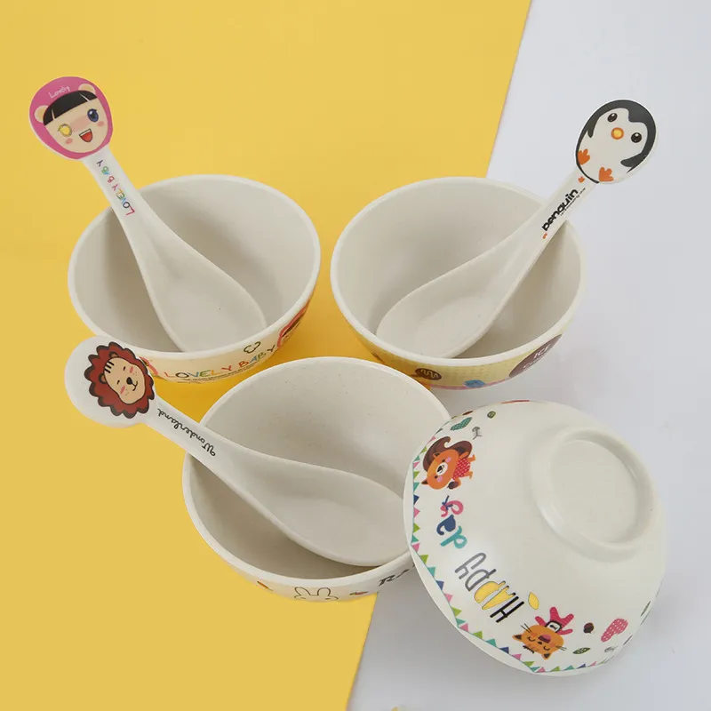 Wholesale Retail Kids Dinner Plate Spoon Lunch Bamboo Fiber Tableware Suit Kindergarten Home