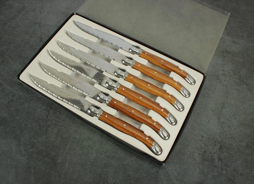 Wholesale Serrated Laguiole Steak Knife and Stainless Steel Cheap Flatware with Damascus Pattern (SE-K8989)