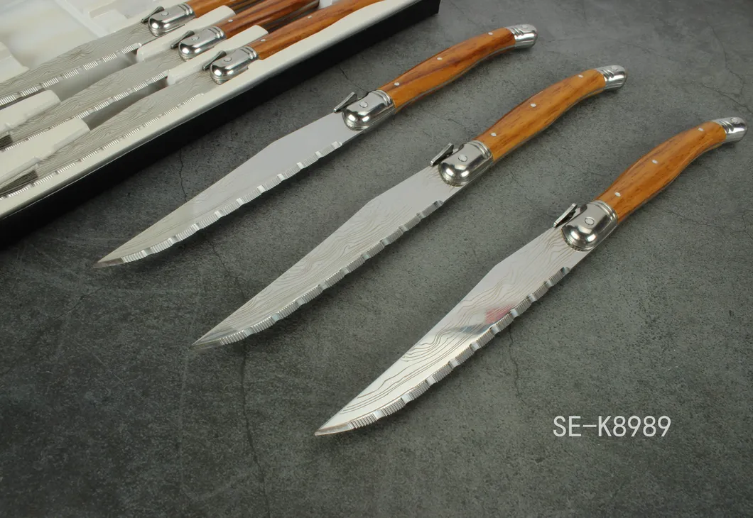 Wholesale Serrated Laguiole Steak Knife and Stainless Steel Cheap Flatware with Damascus Pattern (SE-K8989)