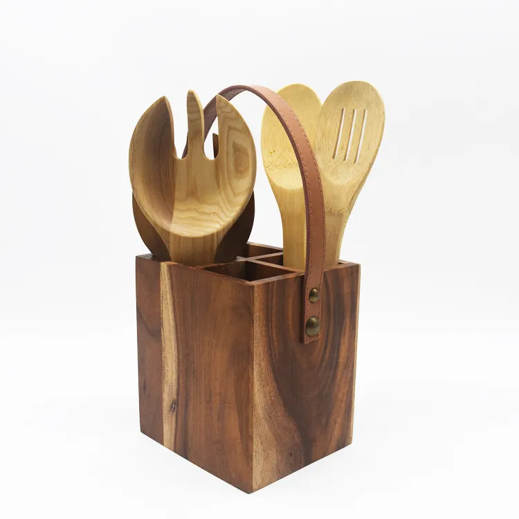 Wood Utensil Holder Kitchen Organizer 4 Sections Store Forks Serving Spoons Knives with Handle