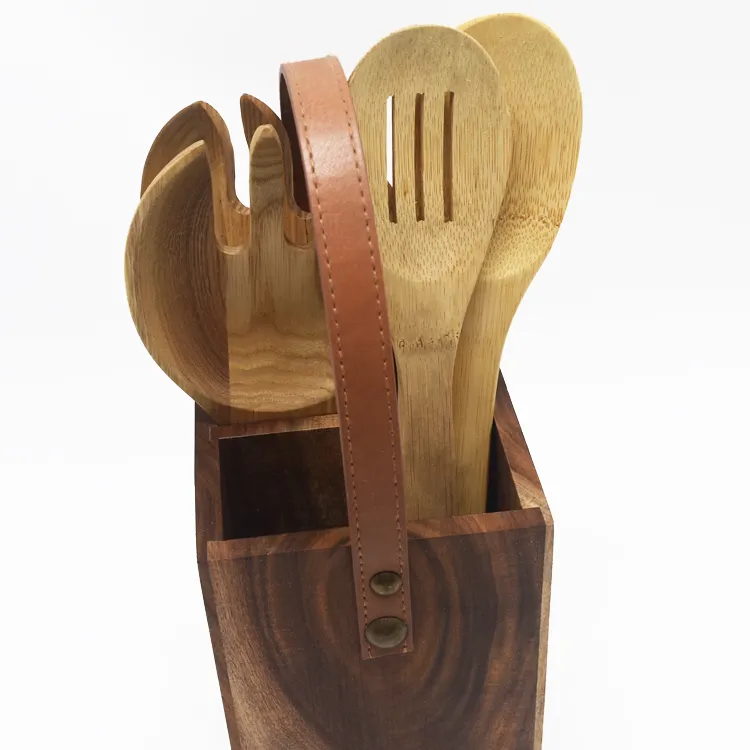 Wood Utensil Holder Kitchen Organizer 4 Sections Store Forks Serving Spoons Knives with Handle